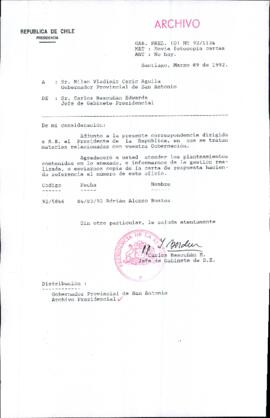 [Carta del Jefe de Gabinete de la Presidencia a Gobernador Provincial de San Antonio]