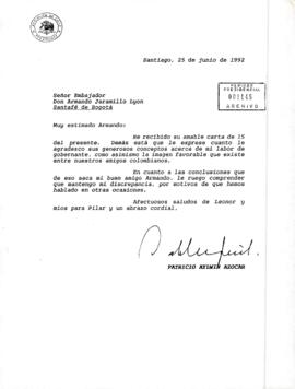 [Carta del Presidente Aylwin al Embajador de Chile en Colombia, agradeciendo generosos conceptos ...
