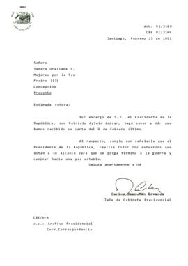 [Carta de respuesta acusando recibo de correspondencia por parte de la cuidadana Sandra Orellana S. y las Mujeres por la Paz]
