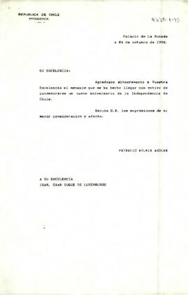 [Carta de S.E El Presidente de la República a Gran Duque de Luxemburgo]