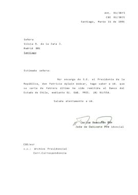[Carta de respuesta por remisión de correspondencia enviada al Presidente, redirigiéndola al Banco del Estado de Chile]