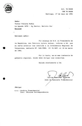 Carta remitida a la Intendencia Regional de Valparaíso, mediante OF. GAB.PRES. (O) 91/887, el 18 de marzo de 1991.