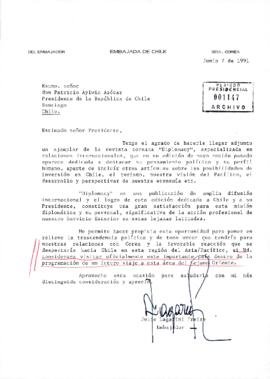 [Carta del Embajador de Chile de Corea del Sur al Presidente Aylwin,  proponiendo visita del Presidente a Corea]