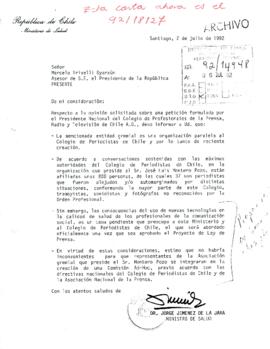 [Carta del Ministro de Salud dirigida al Asesor Presidencial, Sr. Marcelo Trivelli, referente a petición formulada por el Presidente Nacional del Colegio de Profesionales de la Prensa, Radio y Televisión de Chile A.G.]