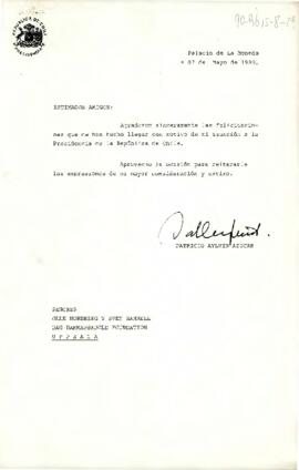 [Carta del Señor Presidente al Director Ejecutivo de Dag Hammarskjöld Foundation, agradeciendo felicitaciones por asunción al mandato].