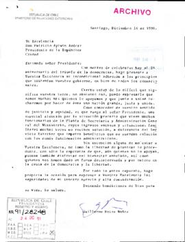 [Carta del Sr. Guillermo Beiza Núñez a Don Patricio Aylwin Azocar con motivo del 2º aniversario del triunfo de la Democracia en Chile]