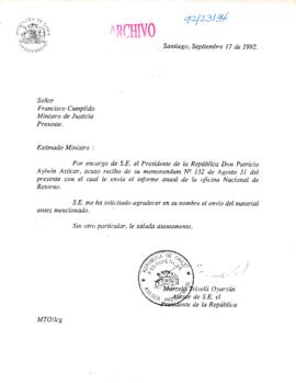 [Carta de Asesor Presidencial a Memorándum de Ministro de Justicia]