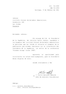 [Carta del Jefe de Gabinete Presidencial dirigida al Instituto Chileno de Estudios Humanísticos]