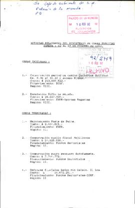 Noticias relevantes del Ministerio de Obras Públicas: semana 03 al 07 de febrero de 1992