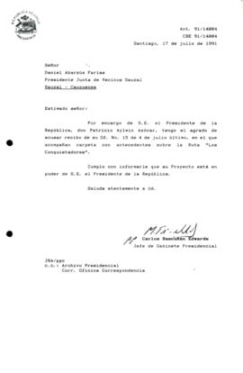 [Carta acusando recibo del Oficio No. 15 de 4 de julio  de 1991, junto con la carpeta con antecedentes sobre la Ruta "Los Conquistadores"]