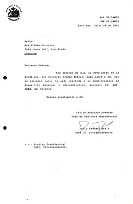 [Carta de respuesta por remisión de correspondencia enviada al Presidente, redirigiéndola  a la Subsecretaría de Desarrollo Regional y Administrativo  ]