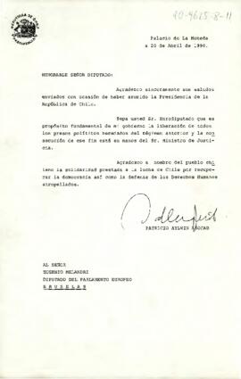[Carta del Presidente Aylwin al Diputado del Parlamento Europeo, Eugenio Melandri].