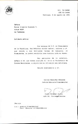 [Carta de respuesta enviada a la Sra. María Quezada remitiendo su carta a Ministerio de Bienes Nacionales]
