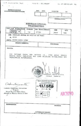 [Copia de fax de Consul General de Chile en Sao Paulo, remite información]