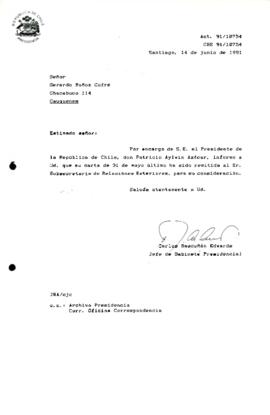 [Carta de respuesta por remisión de correspondencia enviada al Presidente, redirigiéndola al Sr. Subsecretario de Relaciones Exteriores]