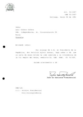 [Carta de respuesta del Jefe de Gabinete Presidencial sobre correspondencia remitida a la Intendencia de la VII Región del Maule]