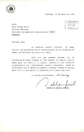 [Carta de reconocimiento a la labor realizada por Hugo Ortega Tello]