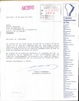 [Carta de la Comisión Sudamericana de la Paz en que confirma aceptación de solicitud de subvención]