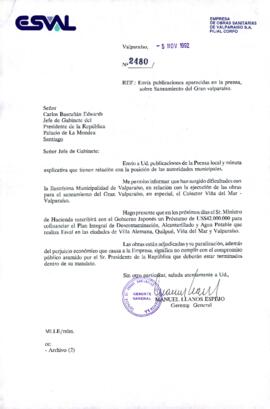 [Carta del Gerente General de ESVAL dirigida al Jefe de Gabinete Presidencial, referente a saneam...