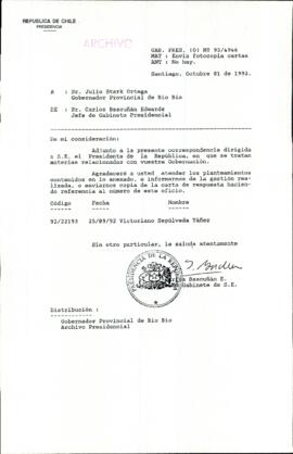 [Carta del Jefe de Gabinete de la Presidencia a Gobernador Provincial de Bío-Bío]