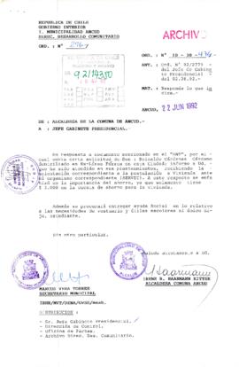 [Oficio de la Alcaldesa de la Municipalidad de Ancud dirigido al Jefe de Gabinete Presidencial, referente a atención de solicitud ciudadana]