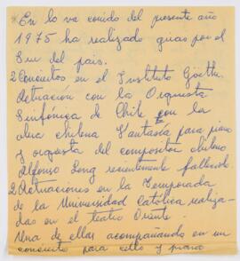 Notas manuscritas relacionadas con las actividades de la pianista Elvira Savi