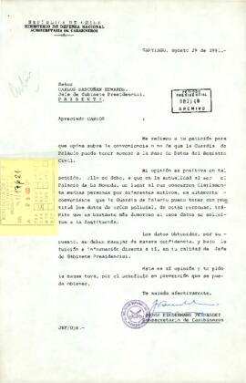 [Carta Jorge Kindermann Subsecretario de Carabineros dirigida a Carlos Bascuñan sobre acceso de Guardia de Palacio a base de datos]