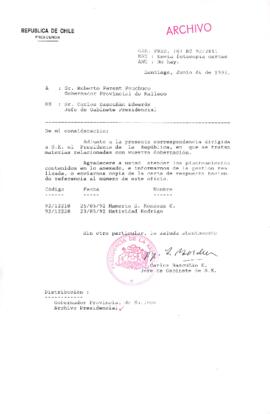 [Carta del Jefe de Gabinete de la Presidencia a Gobernador Provincial de Malleco]