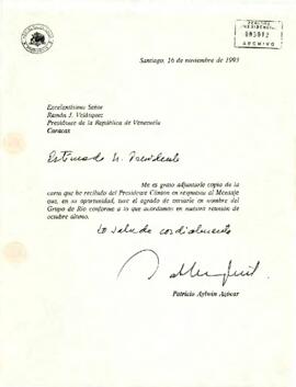 [Carta del Presidente Aylwin al Presidente de la República de Venezuela, adjuntando carta del Pre...