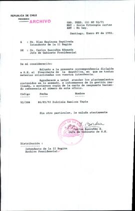 [Carta de Jefe de Gabinete de la Presidencia a Intendente de la II Región]