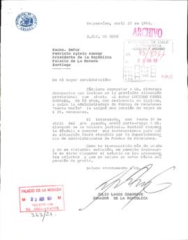 [Carta del Senador Julio Lagos por caso de situación previsional de Lucindo Pérez]