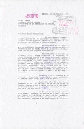[Carta de la Unión Comunal de Comités de Vivienda Coordinadora Sur dirigida al Presidente Patricio Aylwin]