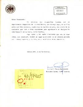 Carta recibida por S.E. enviada por el Ministro de la Excelentísima Corte Suprema en 1993