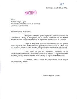 [Agradecimientos del Presidente de Chile al Presidente de la Diputación de Cáceres por su reciente visita a esa ciudad]