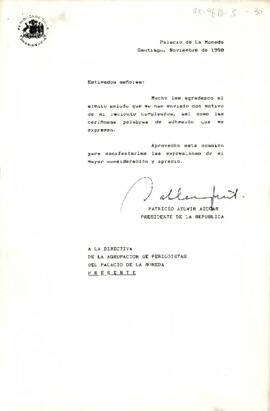 [Carta de Presidente Aylwin dirigida a  Agrupación de Periodistas Palacio De La Moneda por saludo de cumpleaños]