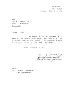 Carta remitida a la Intendencia X Región de Los Lagos, mediante Of. GAB. PRES. (O) 91/2343.