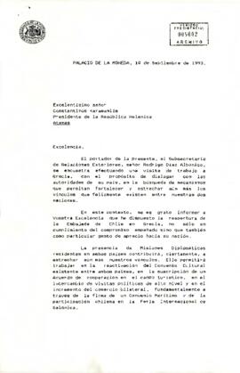 [Carta del Presidente Aylwin al Presidente de la Republica Helénica].