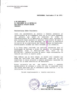 [Carta de la Alcaldesa de la Municipalidad de Huechuraba referente a ofrecimiento de apoyo presidencial para apoyar la instalación de la sede municipal de la comuna]