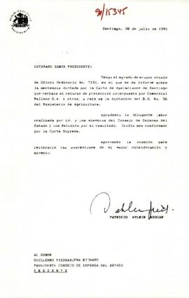 [Carta del Presidente Aylwin al Presidente del COnsejo de Defensa del Estado, agradeciendo cumplimiento por labor solicitad].