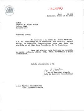 [Carta de respuesta dirigida al Sr. Osvaldo Rojas remitiendo su carta a Plan Presidente de la República]