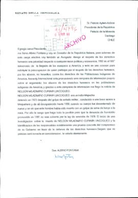 [Carta de Senador de Italia Albino Fontana por petición de justicia por caso de desaparecido Nelson Curiñir]