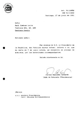 [Carta de respuesta del Jefe de Gabinete Presidencial sobre estado de análisis de correspondencia enviada al Presidente Patricio Aylwin]]