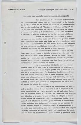 Traducción del artículo de la publicación alemana General- Anzaiger  sobre la presentación del conjunto de música antigua