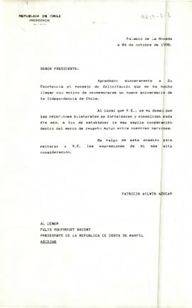 [Carta de S.E El Presidente de la República a Presidente de la República de Costa de Marfil]
