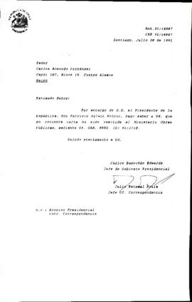 [Carta de respuesta enviada al Sr. Carlos Acevedo remitiendo su carta al Ministerio de Obras Públicas]