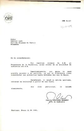 [Carta de respuesta a solicitud de audiencia para Gabriel León, Partido Alianza de Centro]
