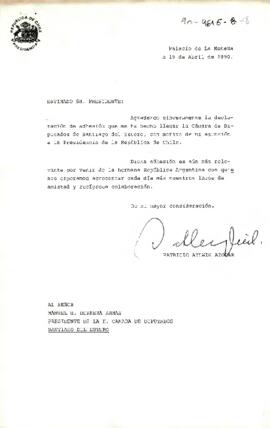 [Carta del Presidente Aylwin al Presidente de H. Cámara Diputados  de Santiago del Estero, agradeciendo felicitaciones por asunción al mandato].