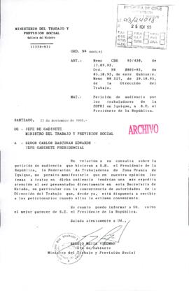 [Informa sobre petición de audiencia por los trabajadores de la ZOFRI en Iquique]