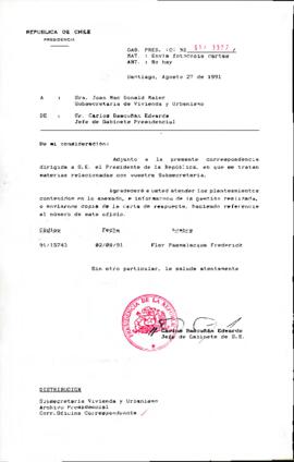 Envía fotocopia cartas a Subsecretaria de Vivienda y Urbanismo.