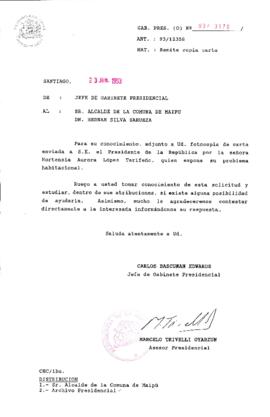 [Oficio  Gab. Pres. Ord. N°  3170 de Jefe de Gabinete Presidencial, remite copia de carta que se indica]